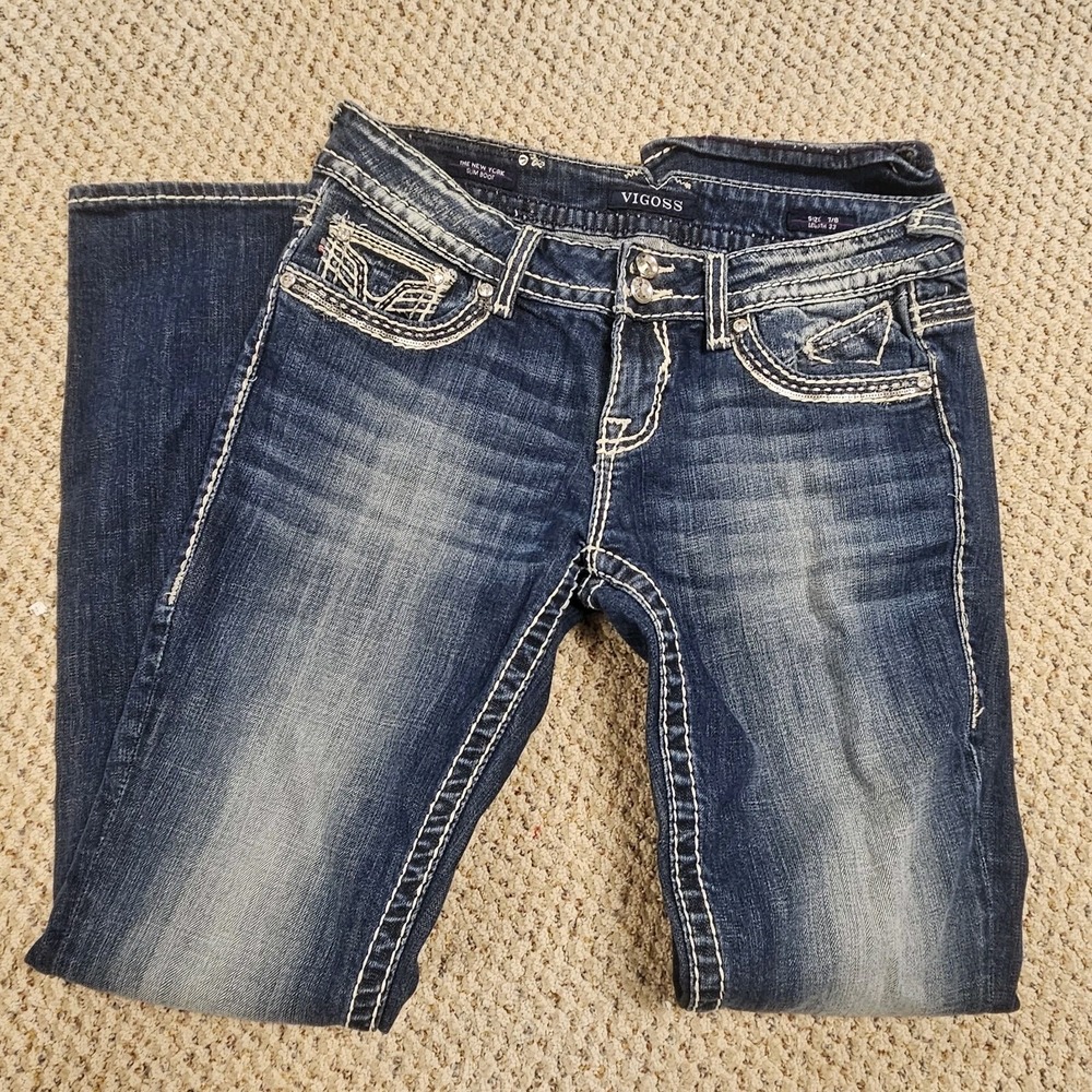 Vigoss Jeans The New York Boot Cut Thick Stitch Jeweled Dark Womens Size 7/8